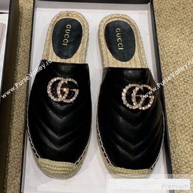 Gucci Chevron Lambskin Espadrille Slipper Mules with Double Crystal G Black 2019 (HANB-9061272)