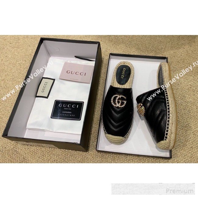 Gucci Chevron Lambskin Espadrille Slipper Mules with Double Crystal G Black 2019 (HANB-9061272)