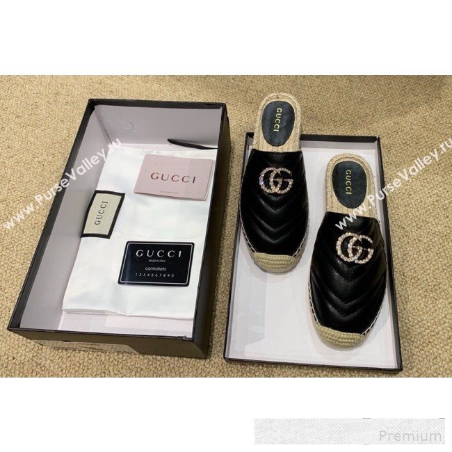 Gucci Chevron Lambskin Espadrille Slipper Mules with Double Crystal G Black 2019 (HANB-9061272)