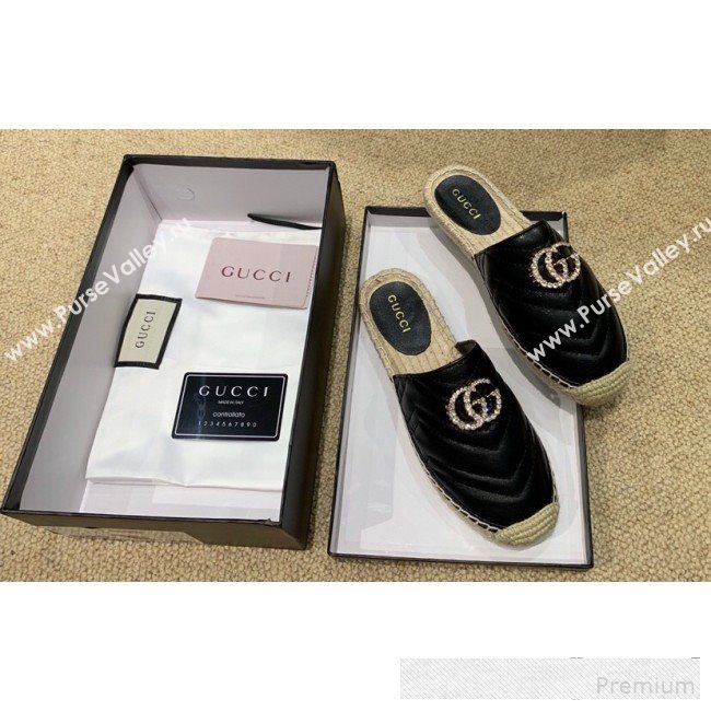 Gucci Chevron Lambskin Espadrille Slipper Mules with Double Crystal G Black 2019 (HANB-9061272)