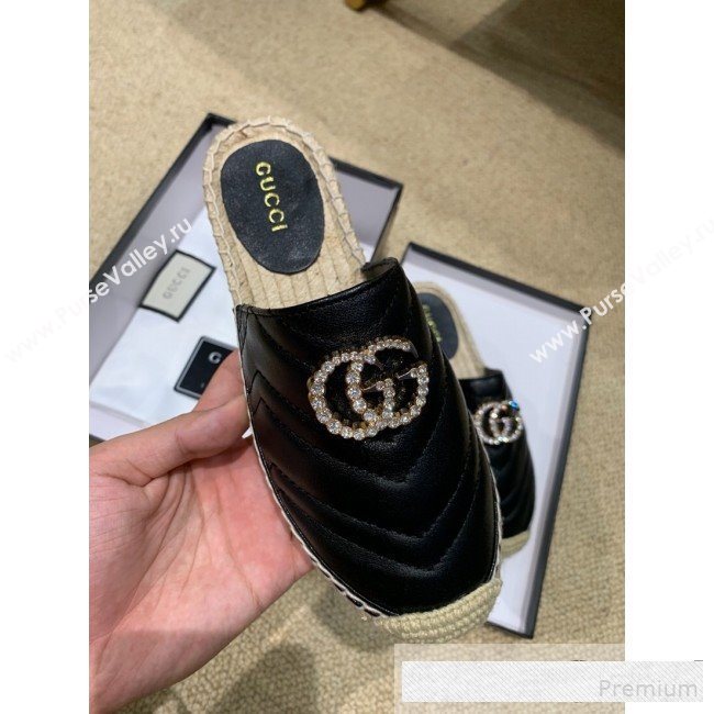 Gucci Chevron Lambskin Espadrille Slipper Mules with Double Crystal G Black 2019 (HANB-9061272)