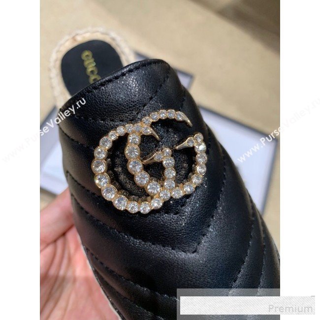 Gucci Chevron Lambskin Espadrille Slipper Mules with Double Crystal G Black 2019 (HANB-9061272)