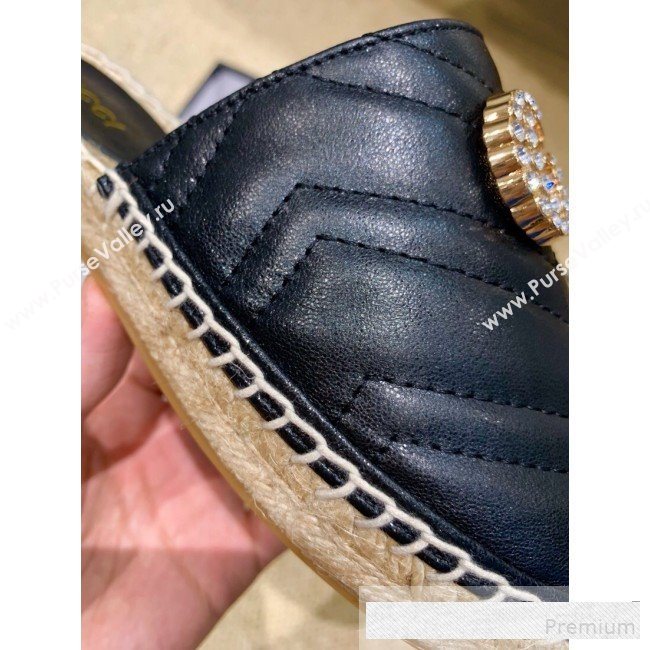 Gucci Chevron Lambskin Espadrille Slipper Mules with Double Crystal G Black 2019 (HANB-9061272)