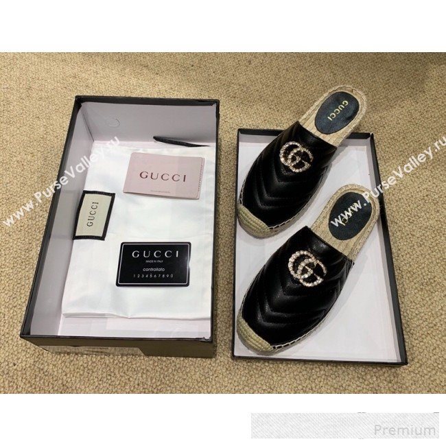 Gucci Chevron Lambskin Espadrille Slipper Mules with Double Crystal G Black 2019 (HANB-9061272)
