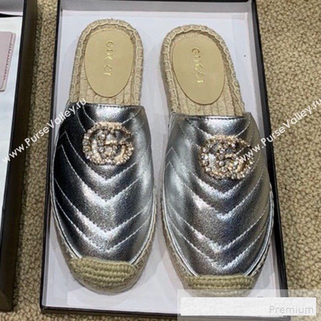 Gucci Chevron Lambskin Espadrille Slipper Mules with Double Crystal G Silver 2019 (HANB-9061273)