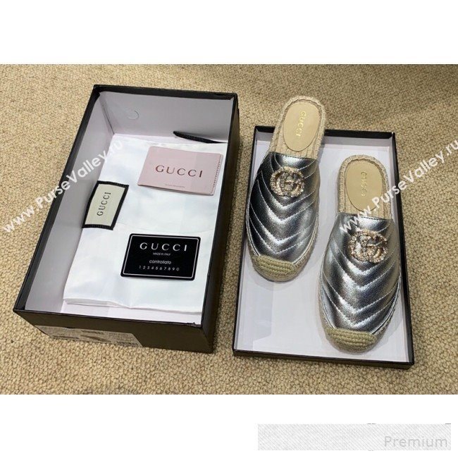 Gucci Chevron Lambskin Espadrille Slipper Mules with Double Crystal G Silver 2019 (HANB-9061273)