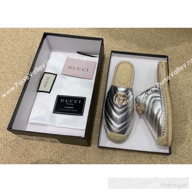 Gucci Chevron Lambskin Espadrille Slipper Mules with Double Crystal G Silver 2019 (HANB-9061273)