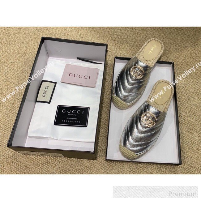 Gucci Chevron Lambskin Espadrille Slipper Mules with Double Crystal G Silver 2019 (HANB-9061273)