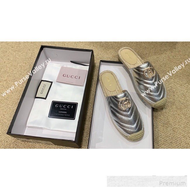 Gucci Chevron Lambskin Espadrille Slipper Mules with Double Crystal G Silver 2019 (HANB-9061273)