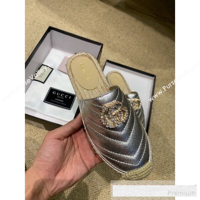 Gucci Chevron Lambskin Espadrille Slipper Mules with Double Crystal G Silver 2019 (HANB-9061273)