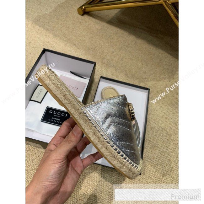 Gucci Chevron Lambskin Espadrille Slipper Mules with Double Crystal G Silver 2019 (HANB-9061273)