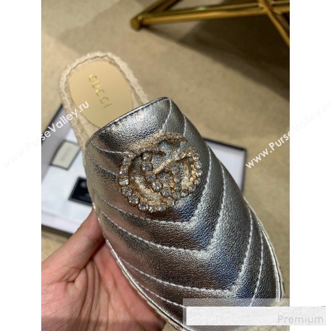 Gucci Chevron Lambskin Espadrille Slipper Mules with Double Crystal G Silver 2019 (HANB-9061273)