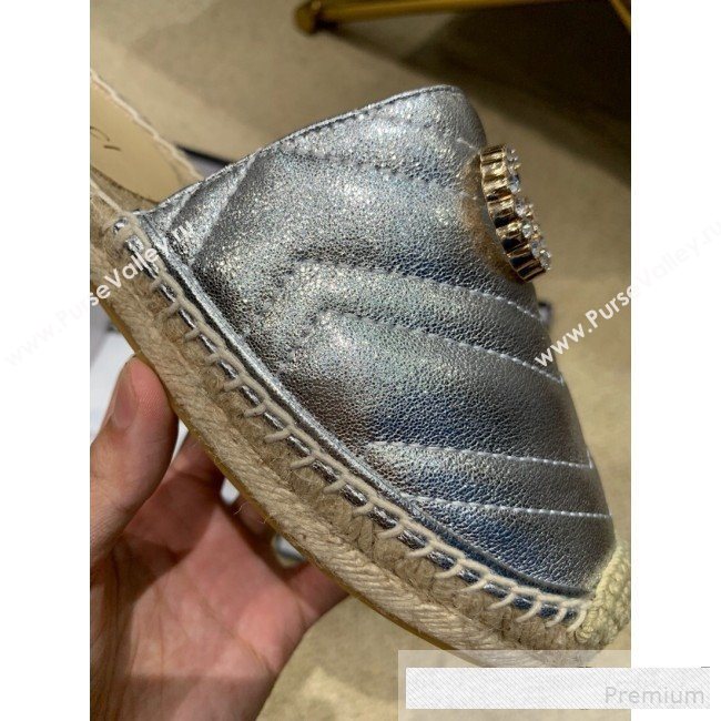 Gucci Chevron Lambskin Espadrille Slipper Mules with Double Crystal G Silver 2019 (HANB-9061273)