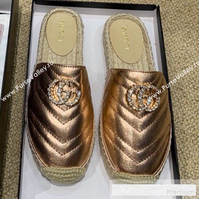 Gucci Chevron Lambskin Espadrille Slipper Mules with Double Crystal G Bronze Gold 2019 (HANB-9061274)