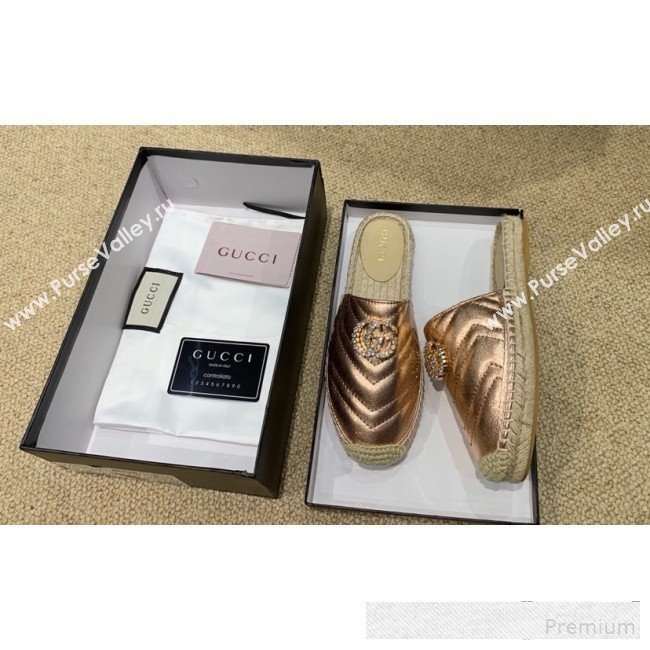 Gucci Chevron Lambskin Espadrille Slipper Mules with Double Crystal G Bronze Gold 2019 (HANB-9061274)