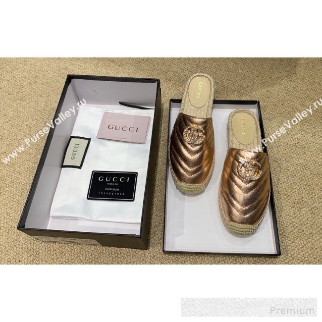 Gucci Chevron Lambskin Espadrille Slipper Mules with Double Crystal G Bronze Gold 2019 (HANB-9061274)