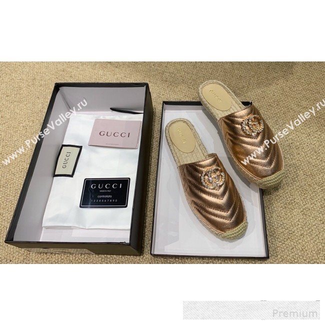 Gucci Chevron Lambskin Espadrille Slipper Mules with Double Crystal G Bronze Gold 2019 (HANB-9061274)