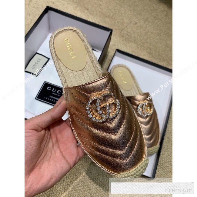 Gucci Chevron Lambskin Espadrille Slipper Mules with Double Crystal G Bronze Gold 2019 (HANB-9061274)