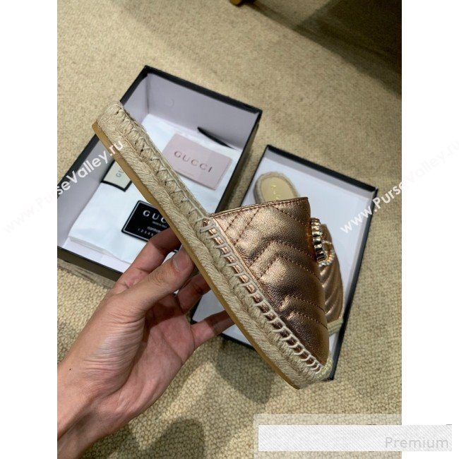 Gucci Chevron Lambskin Espadrille Slipper Mules with Double Crystal G Bronze Gold 2019 (HANB-9061274)