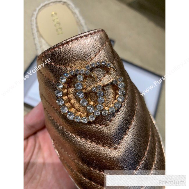 Gucci Chevron Lambskin Espadrille Slipper Mules with Double Crystal G Bronze Gold 2019 (HANB-9061274)