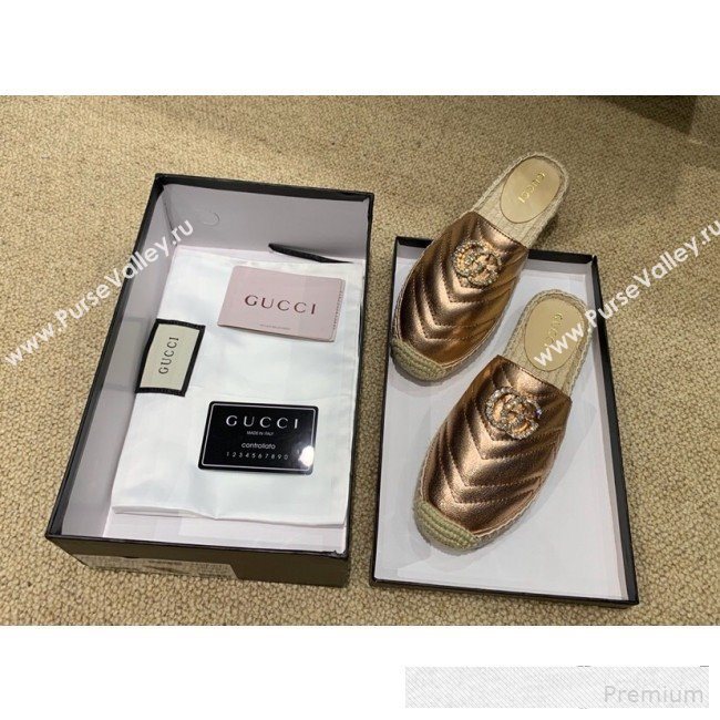 Gucci Chevron Lambskin Espadrille Slipper Mules with Double Crystal G Bronze Gold 2019 (HANB-9061274)