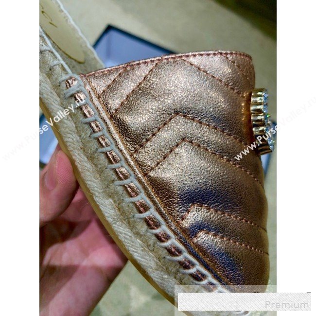 Gucci Chevron Lambskin Espadrille Slipper Mules with Double Crystal G Bronze Gold 2019 (HANB-9061274)