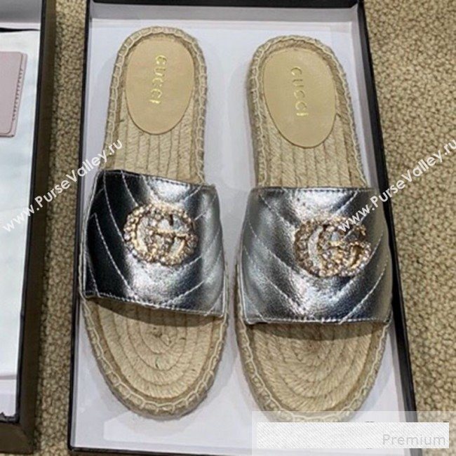 Gucci Chevron Lambskin Espadrille Slide Sandals with Double Crystal G Silver 2019 (HANB-9061277)