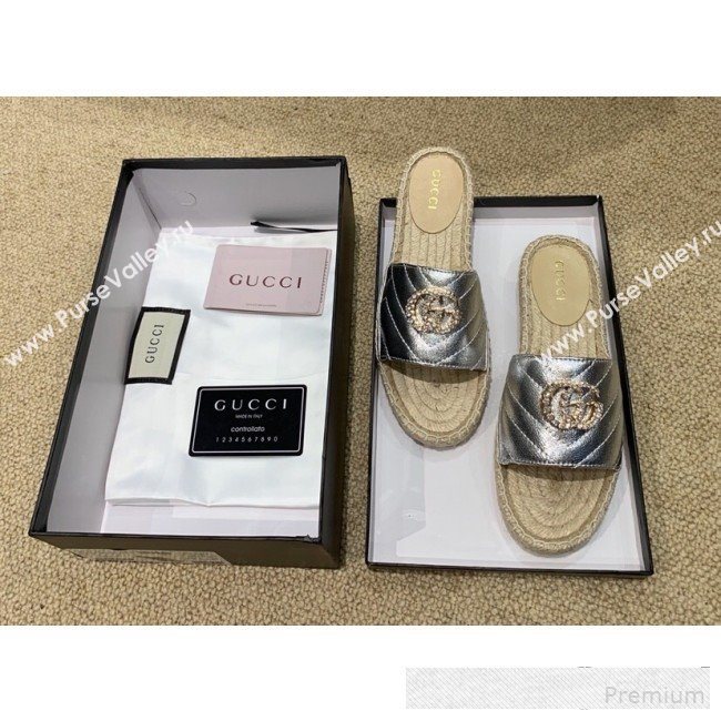 Gucci Chevron Lambskin Espadrille Slide Sandals with Double Crystal G Silver 2019 (HANB-9061277)