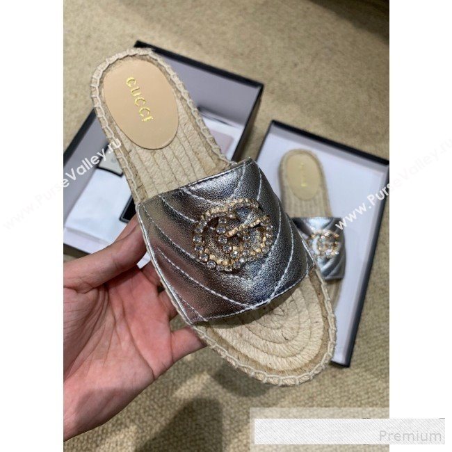 Gucci Chevron Lambskin Espadrille Slide Sandals with Double Crystal G Silver 2019 (HANB-9061277)