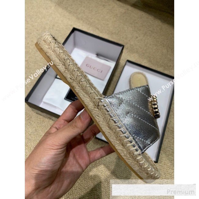 Gucci Chevron Lambskin Espadrille Slide Sandals with Double Crystal G Silver 2019 (HANB-9061277)