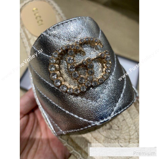 Gucci Chevron Lambskin Espadrille Slide Sandals with Double Crystal G Silver 2019 (HANB-9061277)