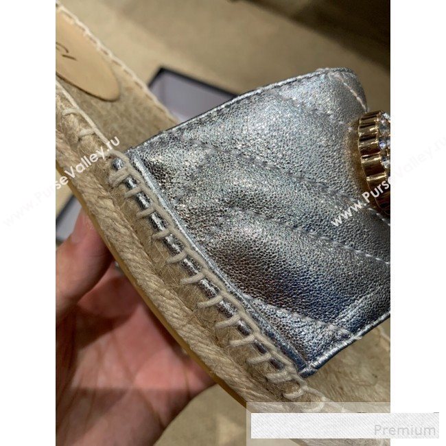 Gucci Chevron Lambskin Espadrille Slide Sandals with Double Crystal G Silver 2019 (HANB-9061277)