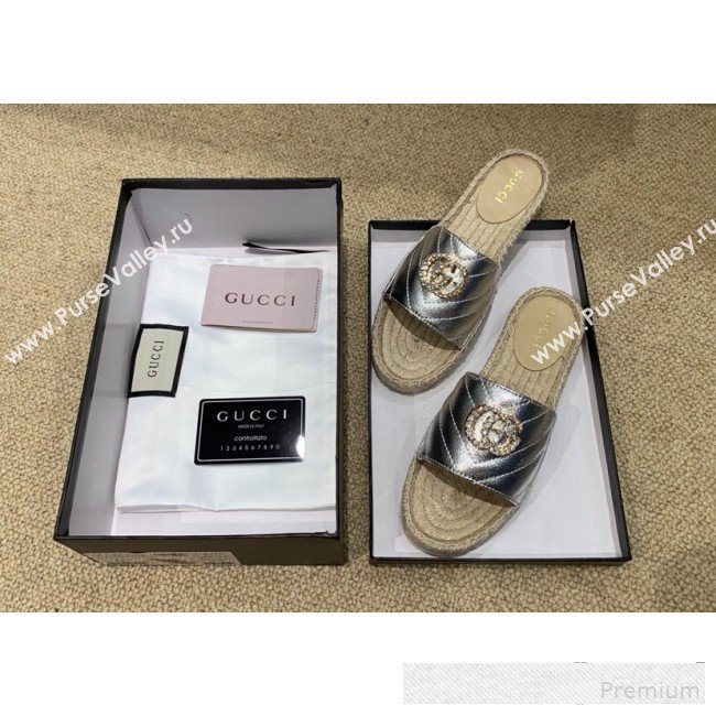 Gucci Chevron Lambskin Espadrille Slide Sandals with Double Crystal G Silver 2019 (HANB-9061277)