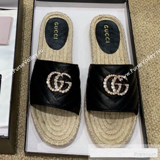 Gucci Chevron Lambskin Espadrille Slide Sandals with Double Crystal G Black 2019 (HANB-9061276)