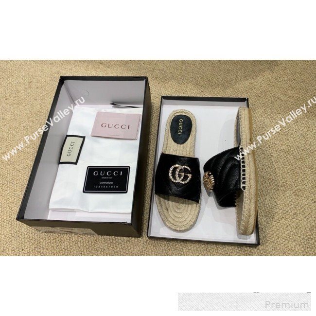 Gucci Chevron Lambskin Espadrille Slide Sandals with Double Crystal G Black 2019 (HANB-9061276)