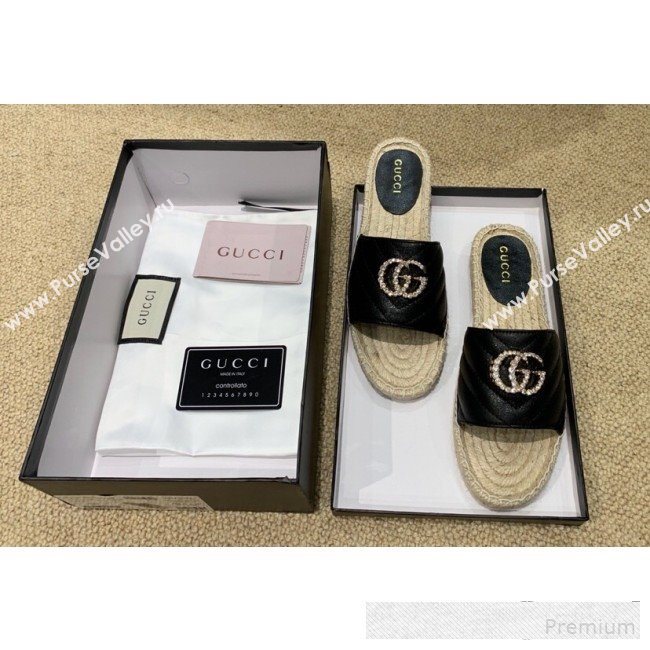 Gucci Chevron Lambskin Espadrille Slide Sandals with Double Crystal G Black 2019 (HANB-9061276)