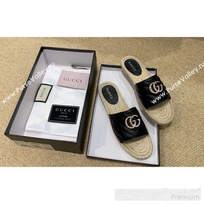 Gucci Chevron Lambskin Espadrille Slide Sandals with Double Crystal G Black 2019 (HANB-9061276)