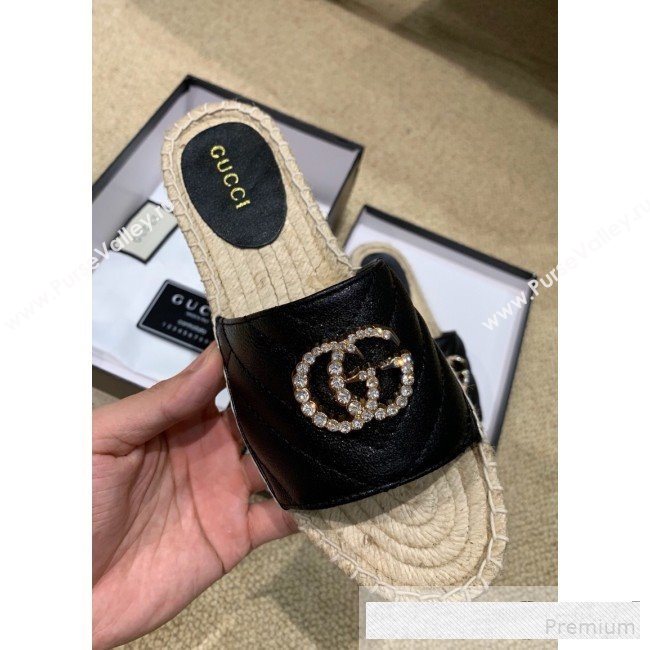 Gucci Chevron Lambskin Espadrille Slide Sandals with Double Crystal G Black 2019 (HANB-9061276)