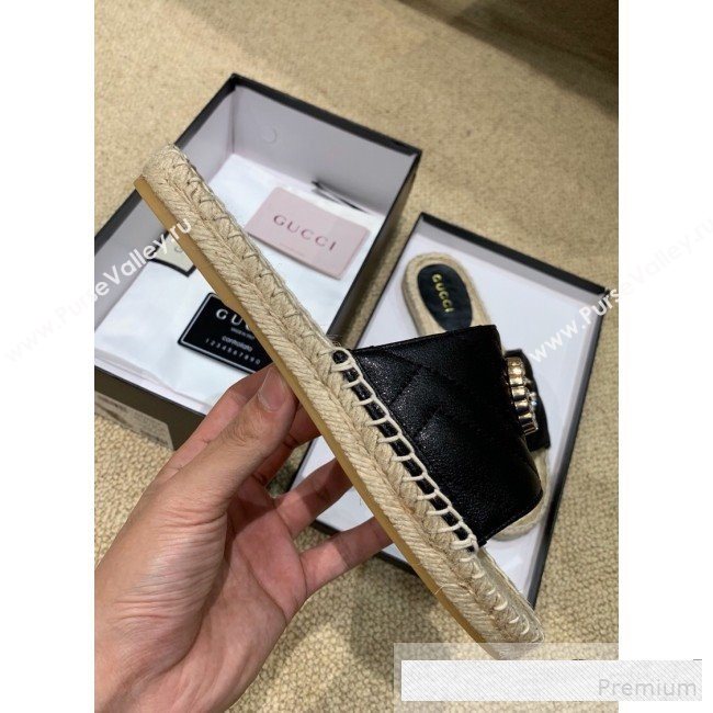 Gucci Chevron Lambskin Espadrille Slide Sandals with Double Crystal G Black 2019 (HANB-9061276)