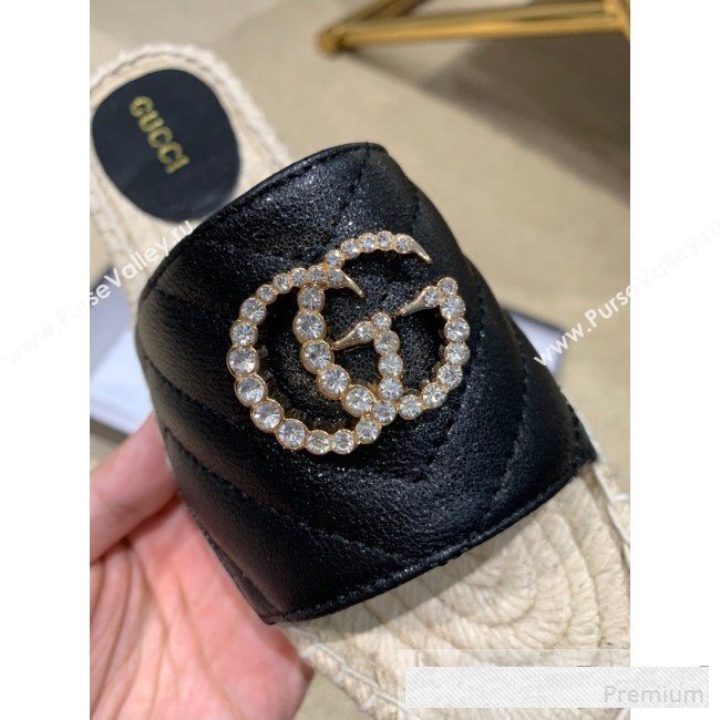 Gucci Chevron Lambskin Espadrille Slide Sandals with Double Crystal G Black 2019 (HANB-9061276)