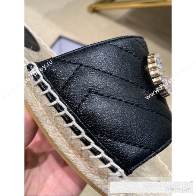 Gucci Chevron Lambskin Espadrille Slide Sandals with Double Crystal G Black 2019 (HANB-9061276)