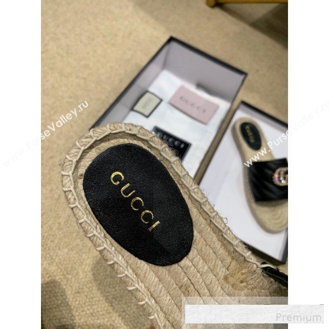 Gucci Chevron Lambskin Espadrille Slide Sandals with Double Crystal G Black 2019 (HANB-9061276)