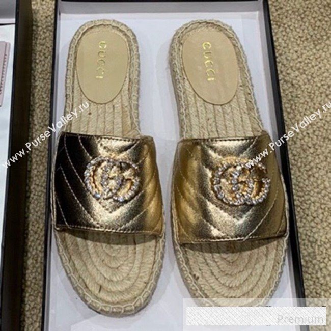 Gucci Chevron Lambskin Espadrille Slide Sandals with Double Crystal G Gold Yellow 2019 (HANB-9061275)