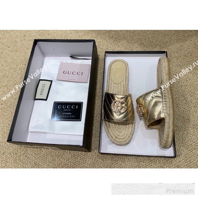 Gucci Chevron Lambskin Espadrille Slide Sandals with Double Crystal G Gold Yellow 2019 (HANB-9061275)