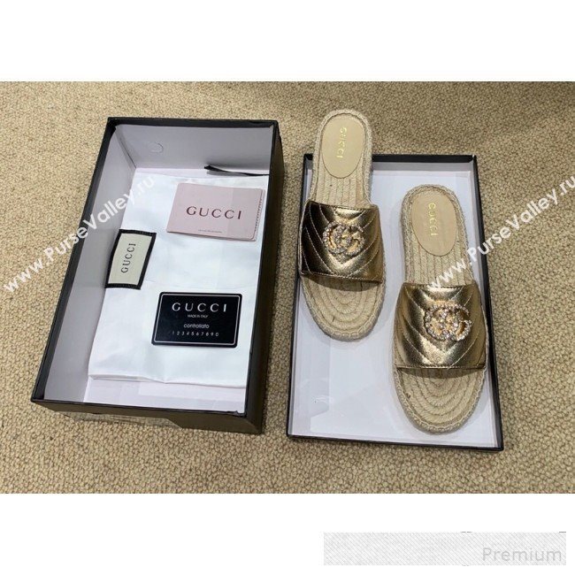 Gucci Chevron Lambskin Espadrille Slide Sandals with Double Crystal G Gold Yellow 2019 (HANB-9061275)