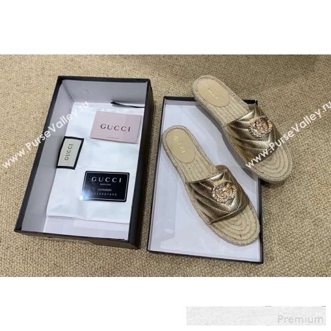 Gucci Chevron Lambskin Espadrille Slide Sandals with Double Crystal G Gold Yellow 2019 (HANB-9061275)