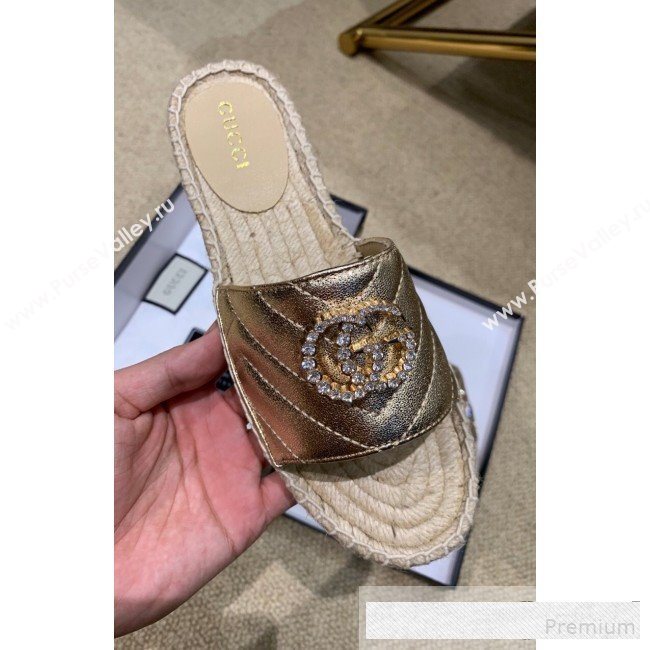 Gucci Chevron Lambskin Espadrille Slide Sandals with Double Crystal G Gold Yellow 2019 (HANB-9061275)