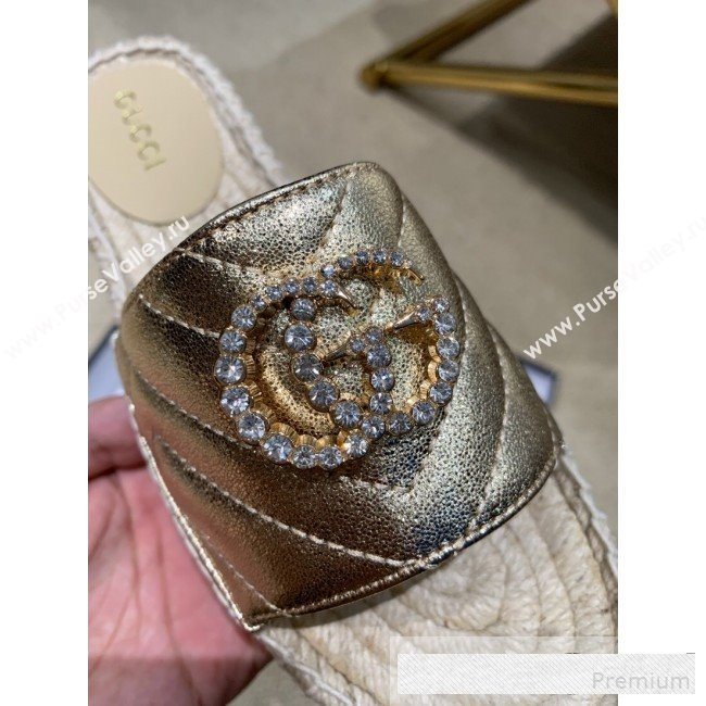 Gucci Chevron Lambskin Espadrille Slide Sandals with Double Crystal G Gold Yellow 2019 (HANB-9061275)
