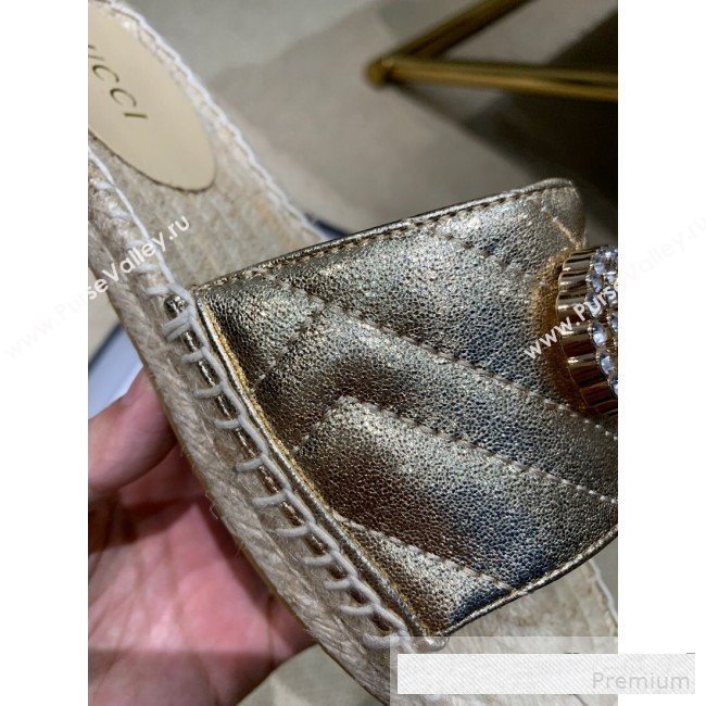 Gucci Chevron Lambskin Espadrille Slide Sandals with Double Crystal G Gold Yellow 2019 (HANB-9061275)
