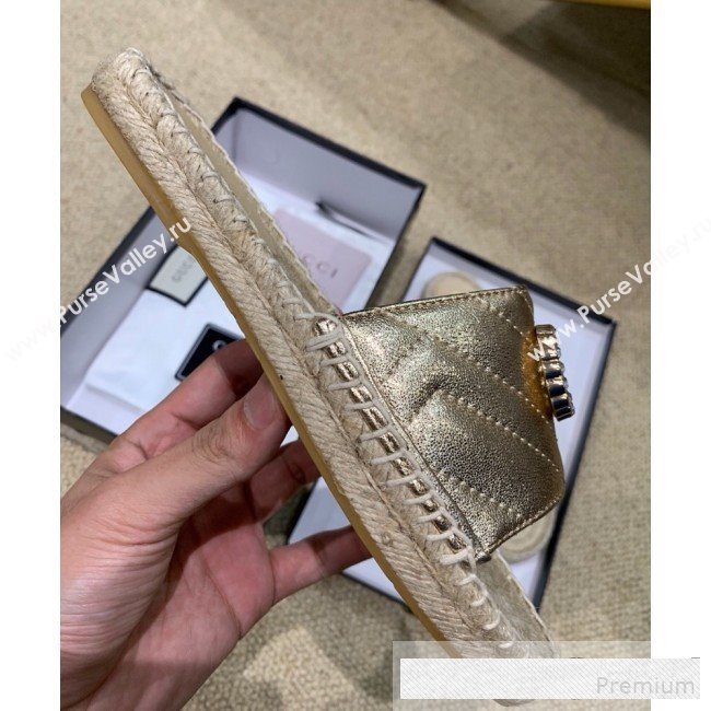 Gucci Chevron Lambskin Espadrille Slide Sandals with Double Crystal G Gold Yellow 2019 (HANB-9061275)